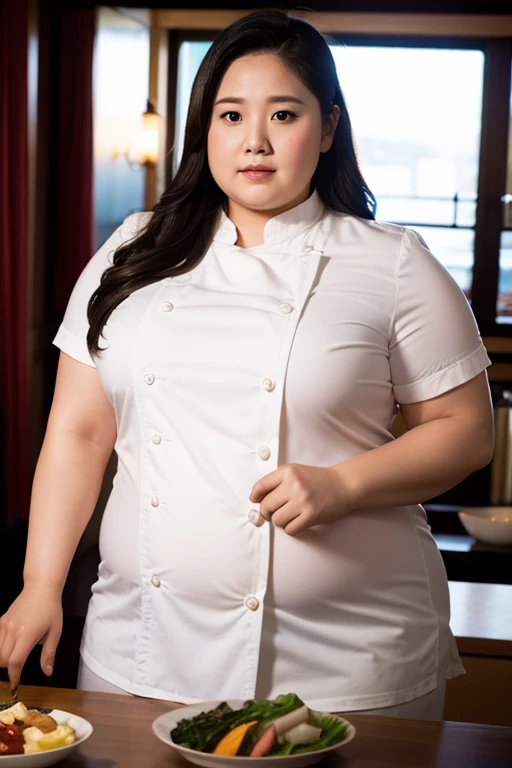 1 female, Overweight, chef, Very fat, Chubby, Japanese, 4K, High resolution, masterpiece, Highest quality, Fine skin, Sharp focus, (Cinema Lighting)