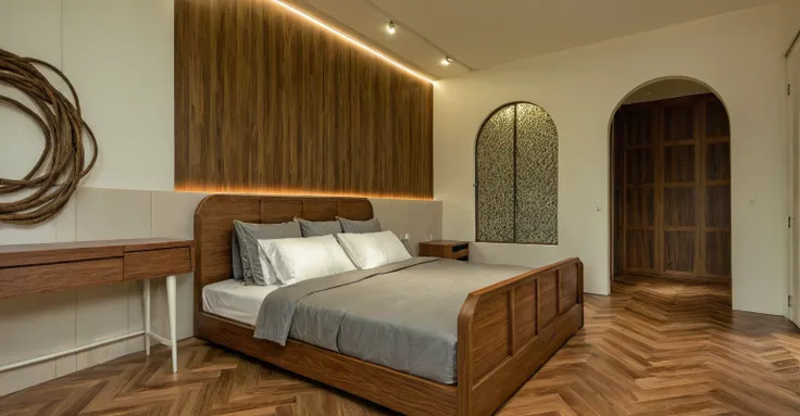 Raw photo, Masterpiece, high quality, best quality, authentic, super detail, interior, indoors,  style Indochine modern, minimalist line, wooden, walnut veneer wood, led light, white paint wall, sofa, daylight, atrium, LIVING ROOM, PEN HOUSE, kitchen, japa...