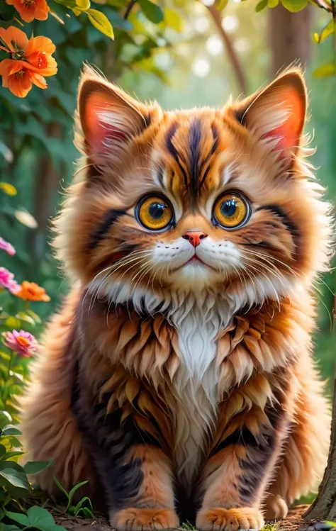 cute fluffy cat with big eyes clowerful,clowerful nature background