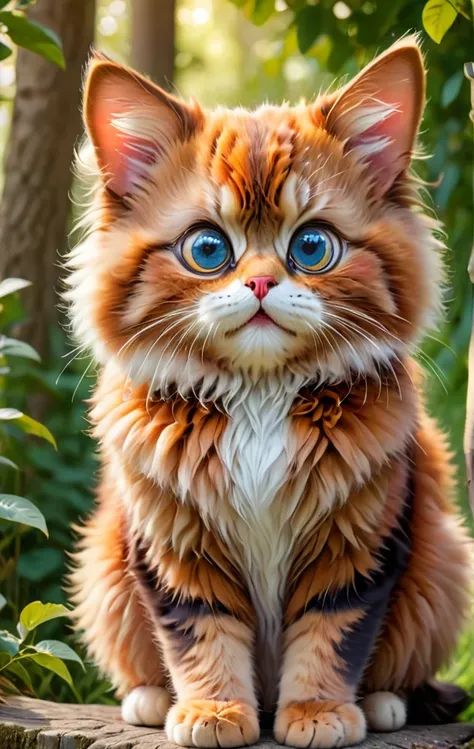 cute fluffy cat with big eyes clowerful,clowerful nature background