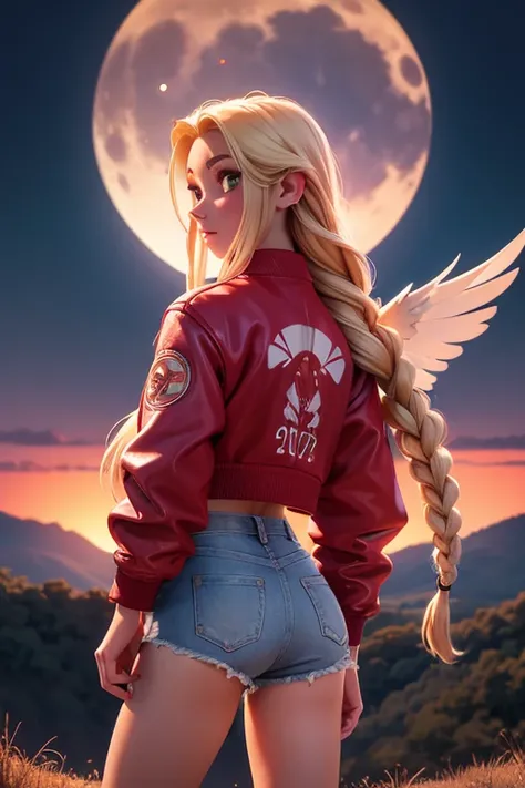 Kizi, white, 20 year. blonde with two long braids, Red cropped jacket with wings drawn on the back, Shorts Jeans e Tenis, in a rural landscape, looking at the full moon in the sky