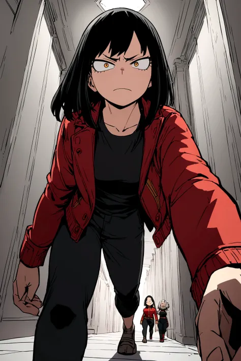 Screenshot of boku no hero academia, beautiful woman, black straight hair, slanted eyes, red and gold eyes, Annoyed expression on the face, black top red jacket big black pants, walked, hallway of a white mansion in the background, looking at the camera fr...