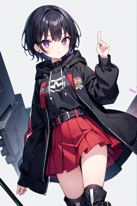 Girl, tomboy, edge lord, goth, short black hair, forehead slightly exposed, light skin, black irises, black eyeliner, ear piercings, spiky accessories, belts, white shirt, black hoodie jacket, red skirt, belt, boots with belts.