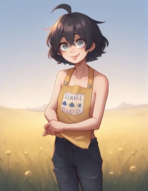 1 girl, alone, ppka, black fur, short hair, messy fur, Ahoge, parts, parts por todo el cuerpo, grey eyes, blind, cute smile looking at the viewer, 
naked, they only wear one pants, Bib pants, farmer&#39;s pant,  straw hat,
Pose linda, nice smile cured the ...