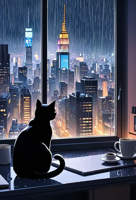 black cat lying prominently next to a bedroom window near a computer and cup of coffee in that window where you can see the rain and a metropolis city lit up like time square 