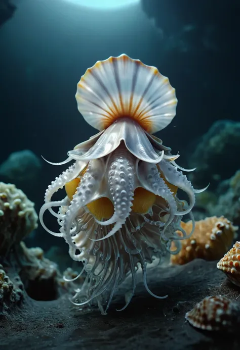 a seashell_white fruit [japanese flying squid|harpy]-[jellyfish|tick] creature,  covered in forked cortices and triangular arcs,...