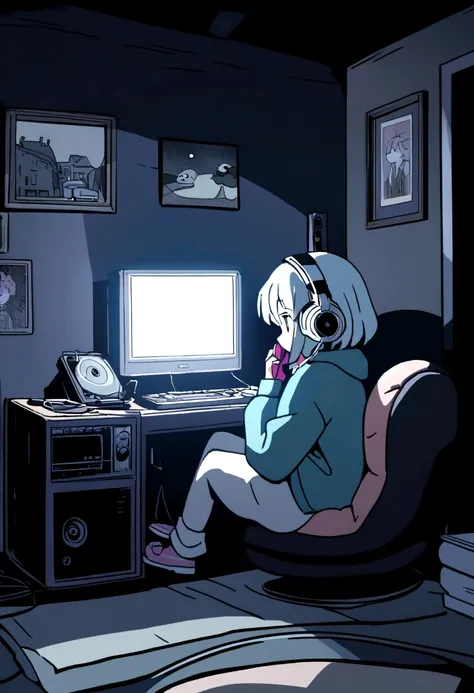 Girl listening to music in a cozy room at night, Using headphones, 2D style anime, Lo-fi, hard disk, Dark environment