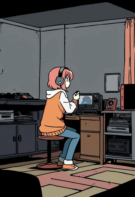 Girl listening to music in a cozy room at night, Using headphones, 2D style anime, Lo-fi, hard disk, Dark environment