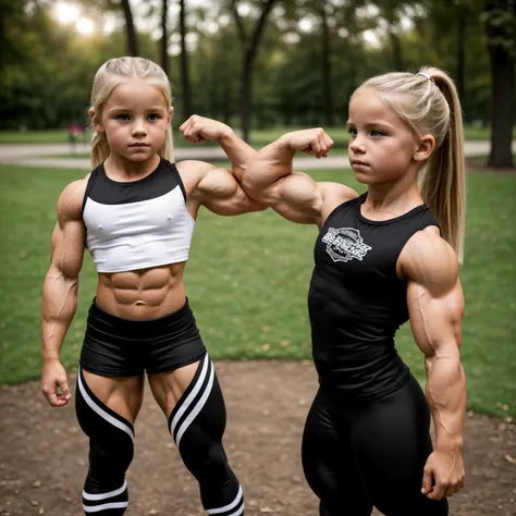 two 10 year old beautiful muscualr bodybuilding children girls, (one blonde haired girl is muscular with a bodybuilder physique), (one black haired girl is with a muscular fitness model physique, girly leggings, black and white tshirt) in a park