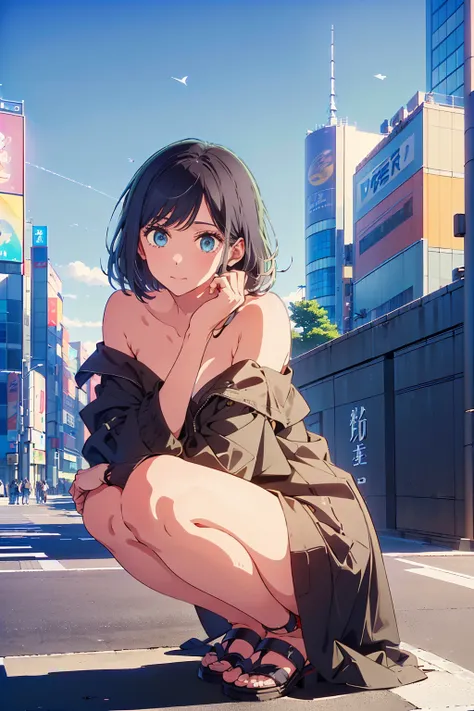 (Highest quality:1.4、masterpiece:1.4、Super detailed:1.4、Ultra-high resolution:1.4、8K:1.4)、Slim body、Big Breasts、((((1 person、Surprised expression、In the background are the urban buildings of Tokyo、looking at the camera、Shibuya Crossing in Tokyo、Get up clos...