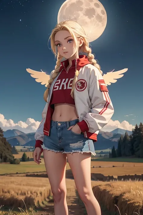 Kizi, white, 20 year. blonde with two long braids, Red cropped jacket with wings drawn, Shorts Jeans e Tenis, in a rural landscape, looking at the full moon in the sky