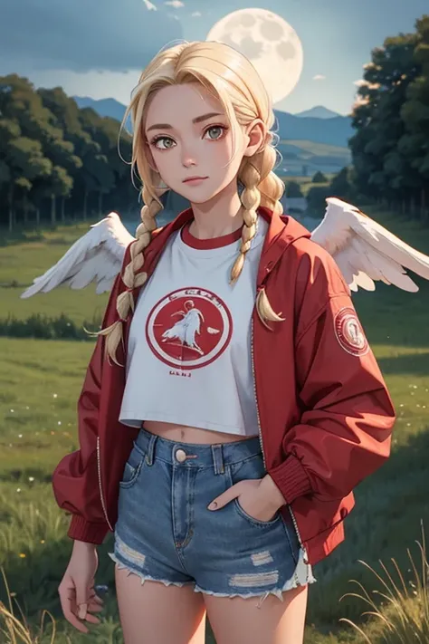 Kizi, white, 20 year. blonde with two long braids, Red cropped jacket with wings drawn, Shorts Jeans e Tenis, in a rural landscape, looking at the full moon in the sky