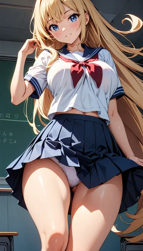 Angle from directly below、Glare、A look of disdain、(Anime works, Anime Style, Studio Anime, Very detailed, Latest, Vibrant, Anime Coloring, High Contrast, masterpiece:1.2, Highest quality, Best aesthetics), A woman wearing a sailor suit, Pleated skirt,Skirt...