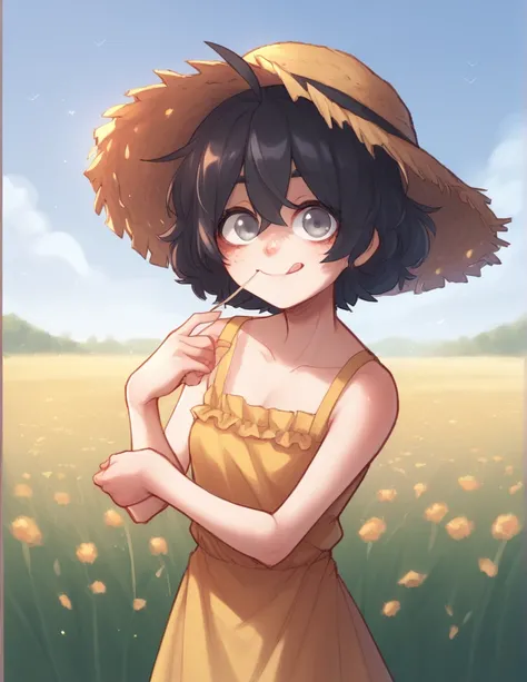 1 girl, alone, ppka, black fur, short hair, messy fur, Ahoge, parts, parts por todo el cuerpo, grey eyes, blind, cute smile looking at the viewer, 
naked, solo usan un petticoat pantaloon, petticoat pantaloon, farmer pants, straw hat, 
Pose linda, nice smi...