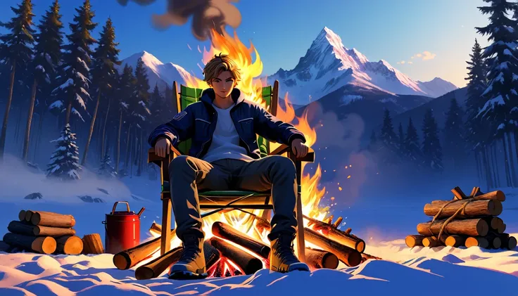 ((Very detailed, High resolution, Very detailed, Highest quality, wonderful, Highest quality, Very detailed CG Unity 8k 壁紙, Cinema Lighting)),) 1 person, camp, Bonfire, 1200cc motorbike, winter, Low - Angle, Wide-angle angle, Bonfireの前に座っている, Sitting in an...