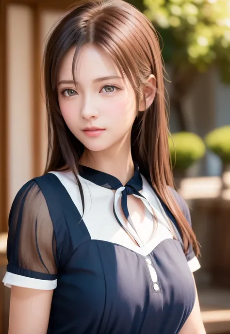 8K, of the highest quality, masutepiece:1.2), (Realistic, Photorealsitic:1.37), of the highest quality, masutepiece, Beautiful young woman, Pensive expression,、A charming、and an inviting look, Cute Maid Clothes, Hair tied back, Cinematic background, Light ...