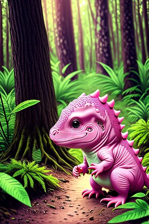 pink baby dinosaur playing in the woods, 