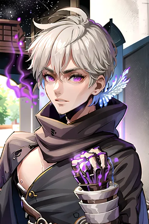 1 person, white hair, handsome, purple eyes, hand holding a scientific flask, moderate breath , black robe, the spinning knife f...