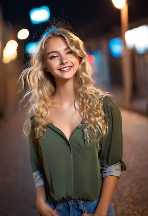 Cute blonde girl 19 years old, (((taking a selfie))), on the street, night, smiling, sexy hairstyle, sexy little blouse, (((hair in the face in the wind)))
