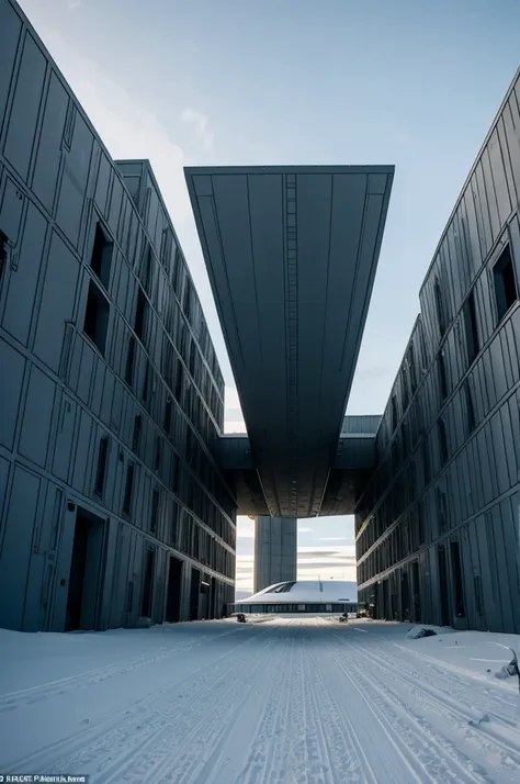 A cinematography image seen from the ground of a very futuristic military base from the outside, at the north pole