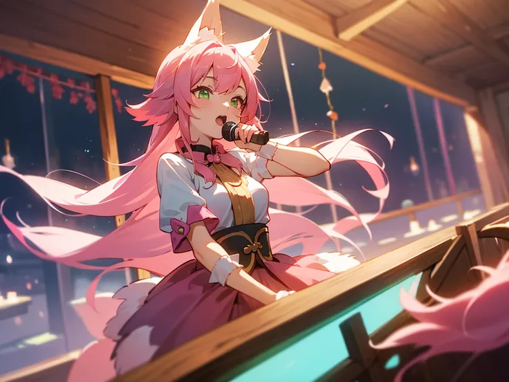 kitsune idol in a tavern, foxgirl, pink fox ears, pink fox tails, pink hair, green eyes, light blue idol dress, tavern background, high quality, masterpiece, singing