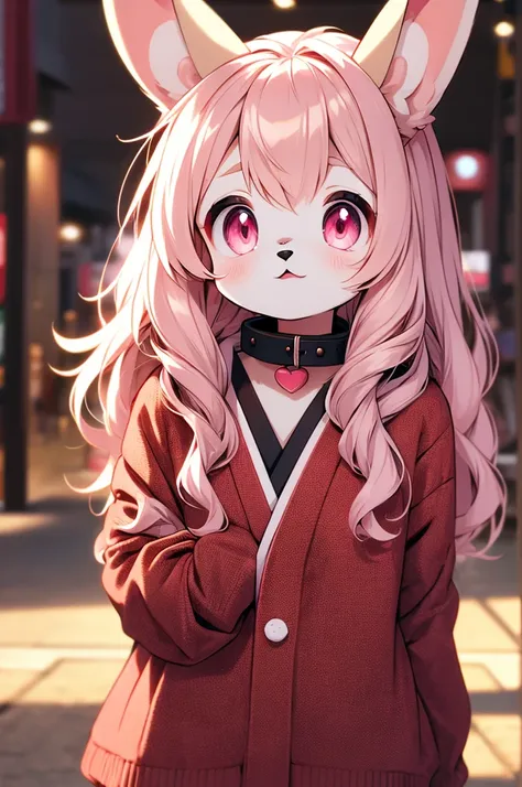 young furry cute little bunny girl with long messy brown hair, red eyes, wearing a black and red japanese , wearing a pink pet c...