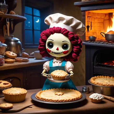 (knitted toy voodoo doll:1.2), (Voodoo Magical Pie Baker:1.3), (Clothing: flour-dusted apron with glowing pie patterns:1.0), (Accessories: enchanted rolling pin, glowing pie tin, magical oven mitts:1.2), (background: cozy bakery with floating pies, glowing...