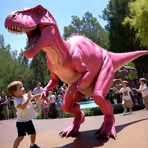 A pink man sized tyrannosaurus dances and plays with some human children, set in Disney land 