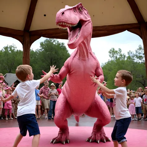 A pink man sized tyrannosaurus dances and plays with some human children, set in Disney land 