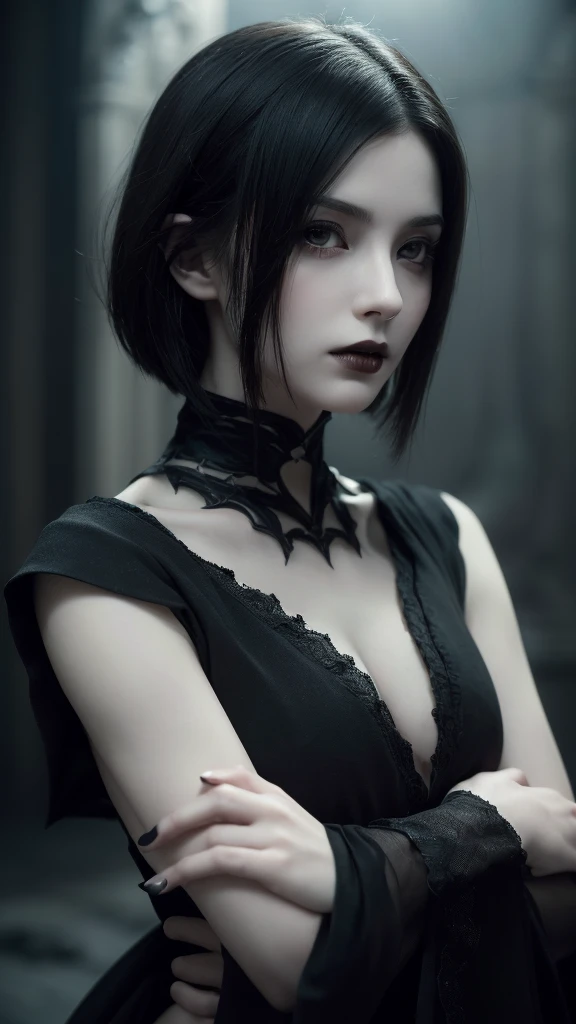 (high quality: 1.3), Cinematic shots, masterpiece, (Sharp focus: 1.5), (Realistic: 1.3), Medium portrait (Beautiful young vampire woman, Pale skin, Gothic, Still proud、intense, Straight black short bob hair, Dark look, Wearing a very finely crafted dark tu...