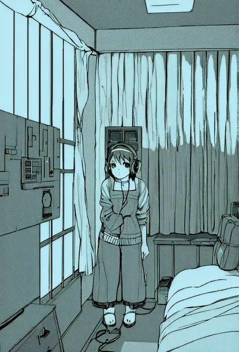 Girl listening to music in a cozy room at night, Using headphones, 2D style anime, Lo-fi, hard disk, Dark environment