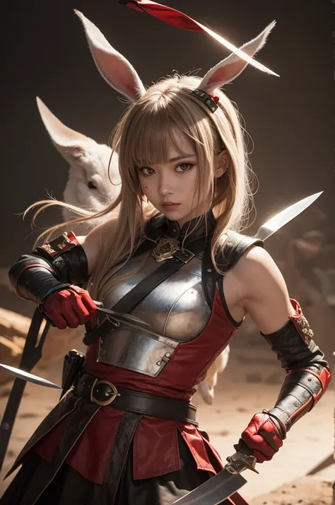 Warrior rabbit with two knives with blood