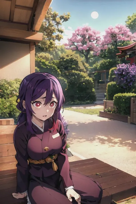 Shizuko Hanako,purple hair with wisteria decoration with a moon red eyes haori purple with red demon slayer