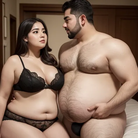 A man with a bloated belly and a severely obese woman with a bloated tummy, couple, romantic, fond, 8K, realistic