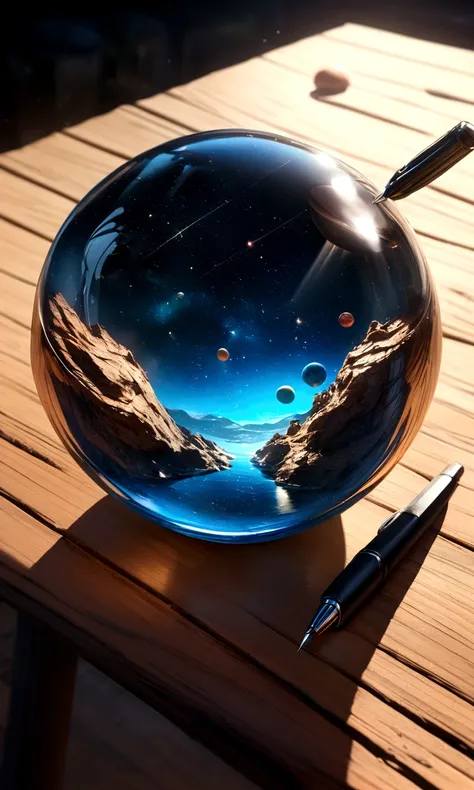 The Universe in a Cup, The entire universe exists inside a crystal......, Planets and galaxies in glass, Wooden Dining Table, Ultra-realistic, Very detailed, Dramatic lighting, 4K, Ultra HD, Realist, Bright colors, and, UHD Drawing, Pen and ink, Perfect co...