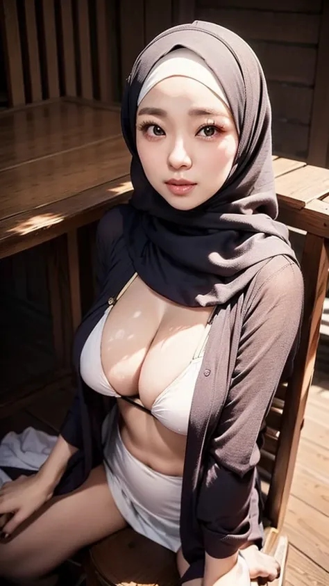 1 woman, woman wearing a hijab, Asian woman, 37 years old, seductive woman, charming woman, naturally beautiful face, very big and round chest, big hips, only wearing a cloth around her body, sitting on a wooden chair at the back of the house, natural and ...