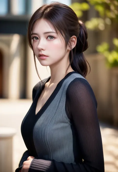 8K, of the highest quality, masutepiece:1.2), (Realistic, Photorealsitic:1.37), of the highest quality, masutepiece, Beautiful young woman, Pensive expression, Thoughtful look, Elegantly dressed, Hair tied back, Messy mood, Cinematic background, Tired, Lig...