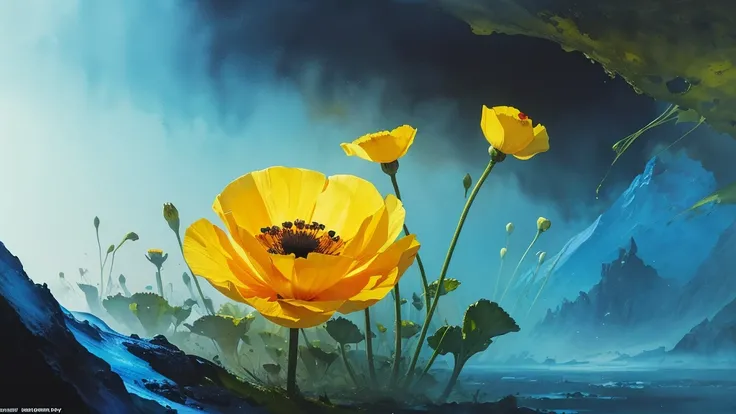 32k, Masterpiece, Highest quality, One girl, Detailed eyes, flower,Iceland Poppy, Blue and yellow style,A dreamy, romantic piece,Pale yellow, Mysterious Leaves,A playful arrangement,Fantasy,High Contrast,Ink strokes,explosion,Exposure, Impression of blue a...