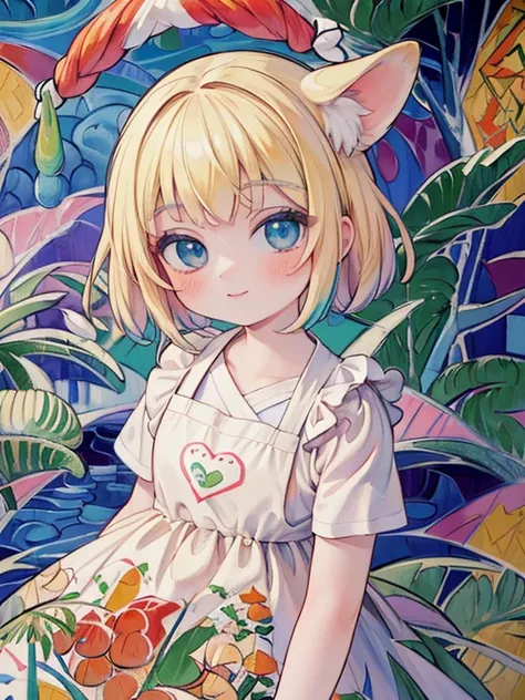 masterpiece, Highest quality, Very detailed, 16K, Ultra-high resolution, Cowboy Shot, Alice in Wonderland, (fauvism:1.8), 10-year-old girl, Detailed face, smile, blue eyes, blonde, Braiding, Long Hair, Ribbon on head, Blue clothes, Plain white apron