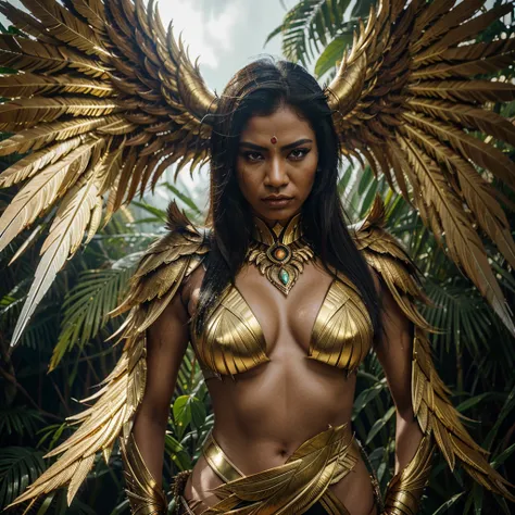  A photorealistic portrait of a Garuda-inspired supervillain, adorned with golden feathers and a fierce expression, set against a backdrop of lush Indonesian rainforests.