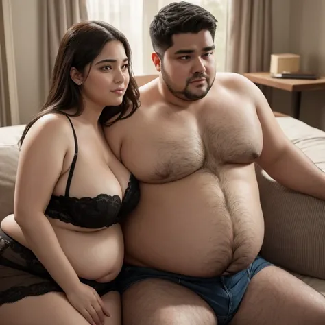 A man with a bloated belly and a severely obese woman with a bloated tummy, couple, romantic, fond, 8K, realistic