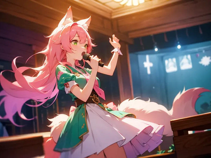 kitsune idol in a tavern, foxgirl, pink fox ears, pink fox tails, pink hair, green eyes, light blue idol dress, tavern background, high quality, masterpiece, singing