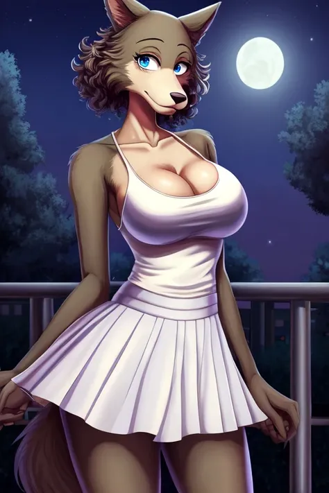 Beastars art style, beastars, Juno, brown wolf, she Wolf, 1girl, furry, long curly brown fur, slim figure, blue eyes, wide hips, Big breasts, White skirt, White top, cleavage, night time, woods