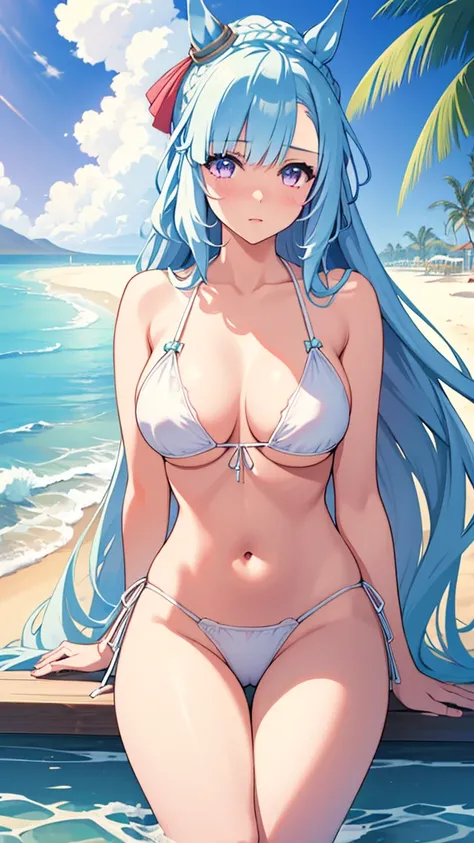 solo,1girl,white bikini top,white bikini bottom,mejiro ardan,umamusume,blue horse tail,navel,sitting on the beach,palm trees in the background,ocean in the background,blue sky,detailed face,beautiful detailed eyes,slightly parted lips,shy embarrassed expre...