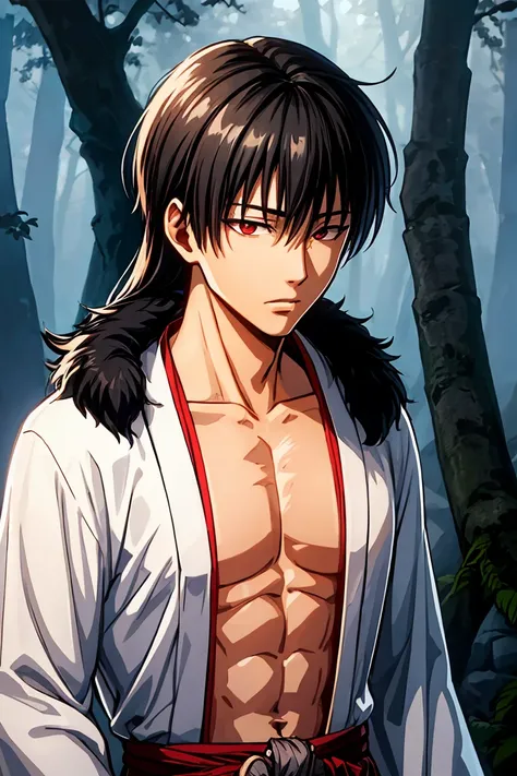 asian man z wears a white kimono tied at the waist, he is showing his naked torso, black fur, red eyes, wide, thin man, medieval...