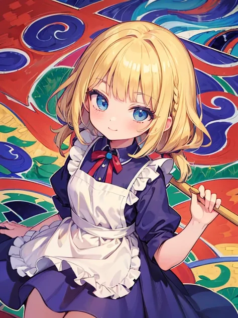 masterpiece, Highest quality, Very detailed, 16K, Ultra-high resolution, Cowboy Shot, Alice in Wonderland, (fauvism:1.4), 10-year-old girl, Detailed face, smile, blue eyes, blonde, Braiding, Long Hair, Ribbon on head, Blue clothes, Plain white apron