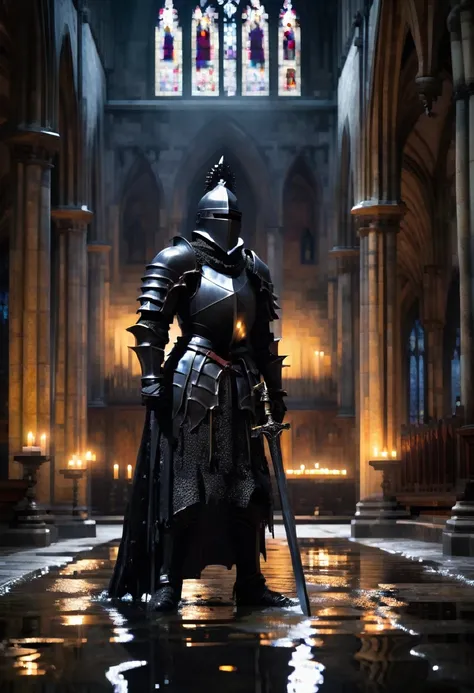  gothic black knight standing inside a gothic church, wet stone, puddles, infinite vaults, bloodborne, dramatic light, low key, candle light
