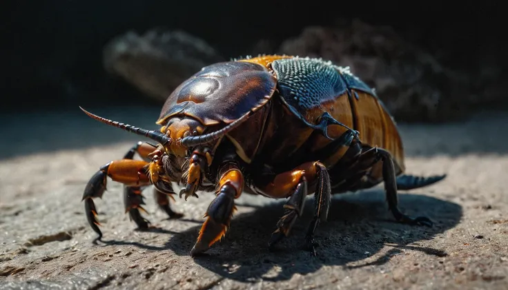 a [hermit crab|cockroach]-[snake|hercules beetle] creature, sharp teeth, long fur, highly detailed, strong colors, strong contra...