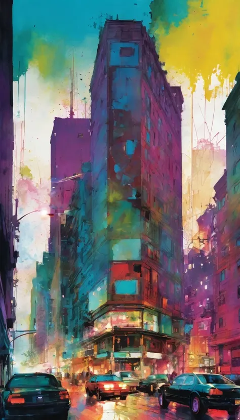 City, Artwork inspired by Bill Sienkiewicz, Bright colors, Intricate details,
