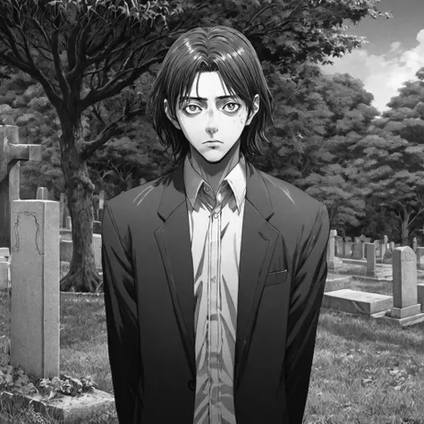 in a cemetery, scared, (anime), bizarre scenario, This is Junji, Yusuke Murata, black and white, 8K, anime, horror